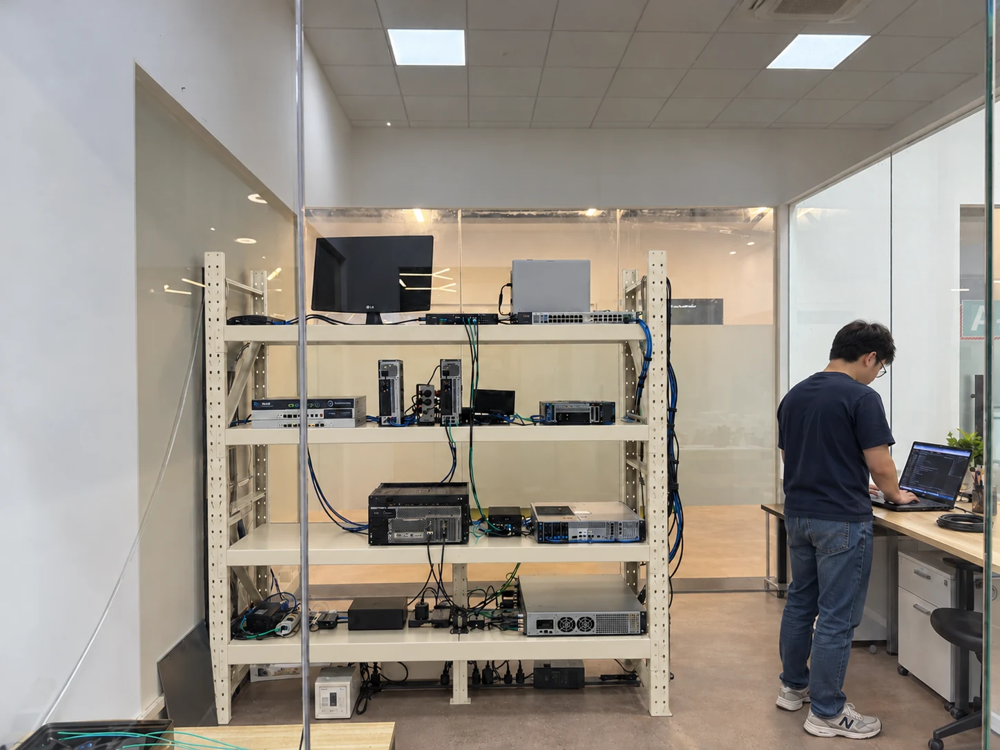 Illustration of an engineer operating a test computer beside equipment racks, based on a real test environment