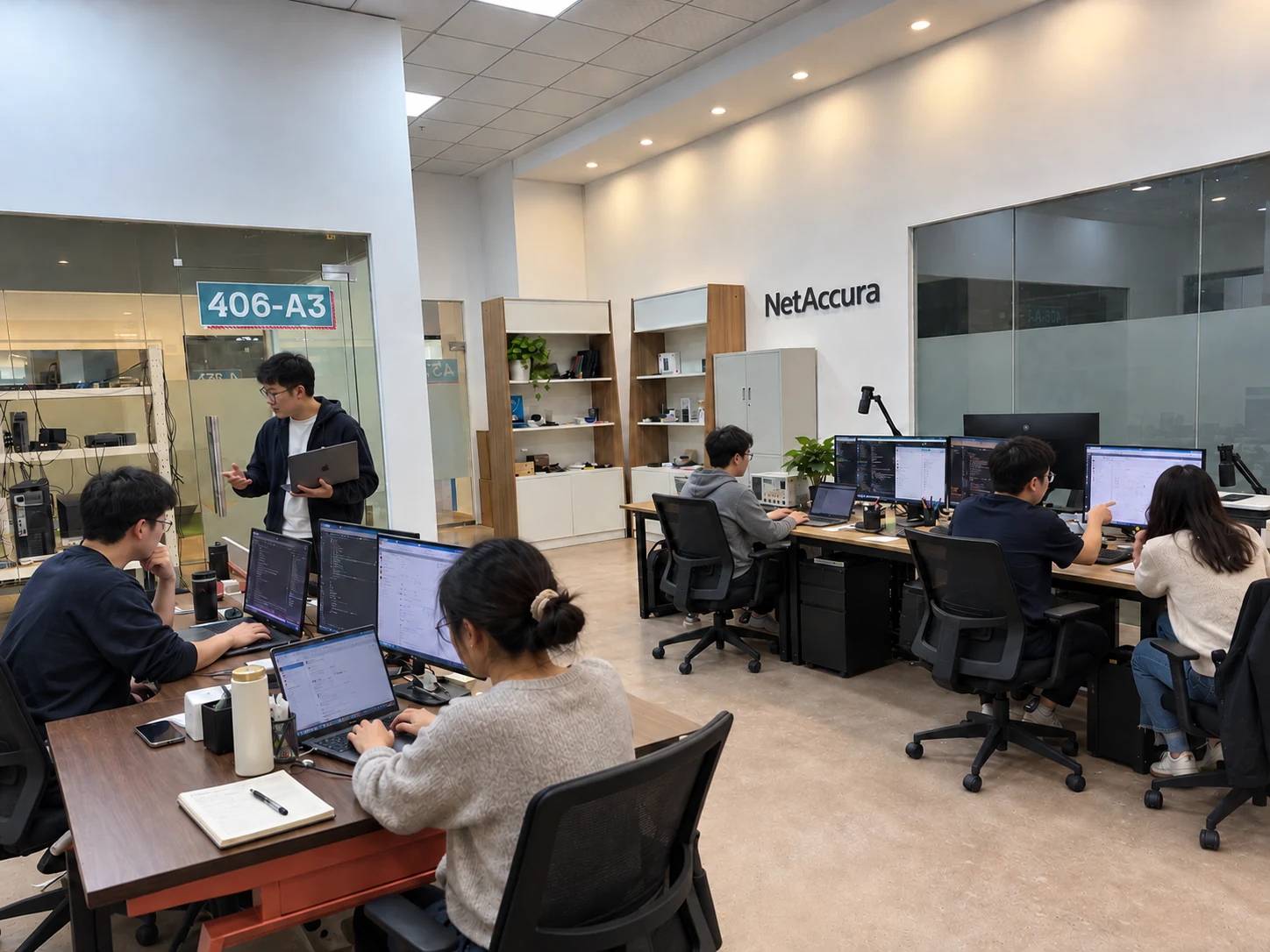 Illustration of staff developing software and collaborating at computer workstations, based on a real office