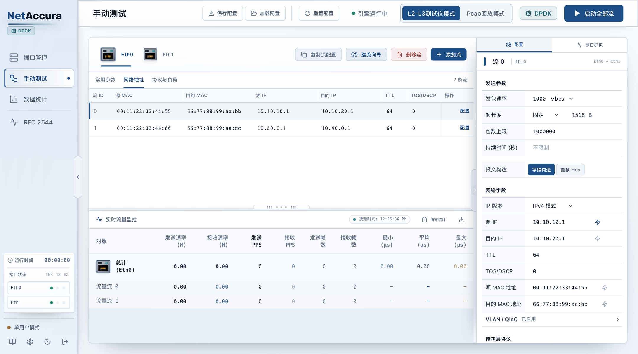 패킷 생성 관리 화면의 IPv4 주소, MAC 주소, VLAN 및 송신 매개변수 설정
