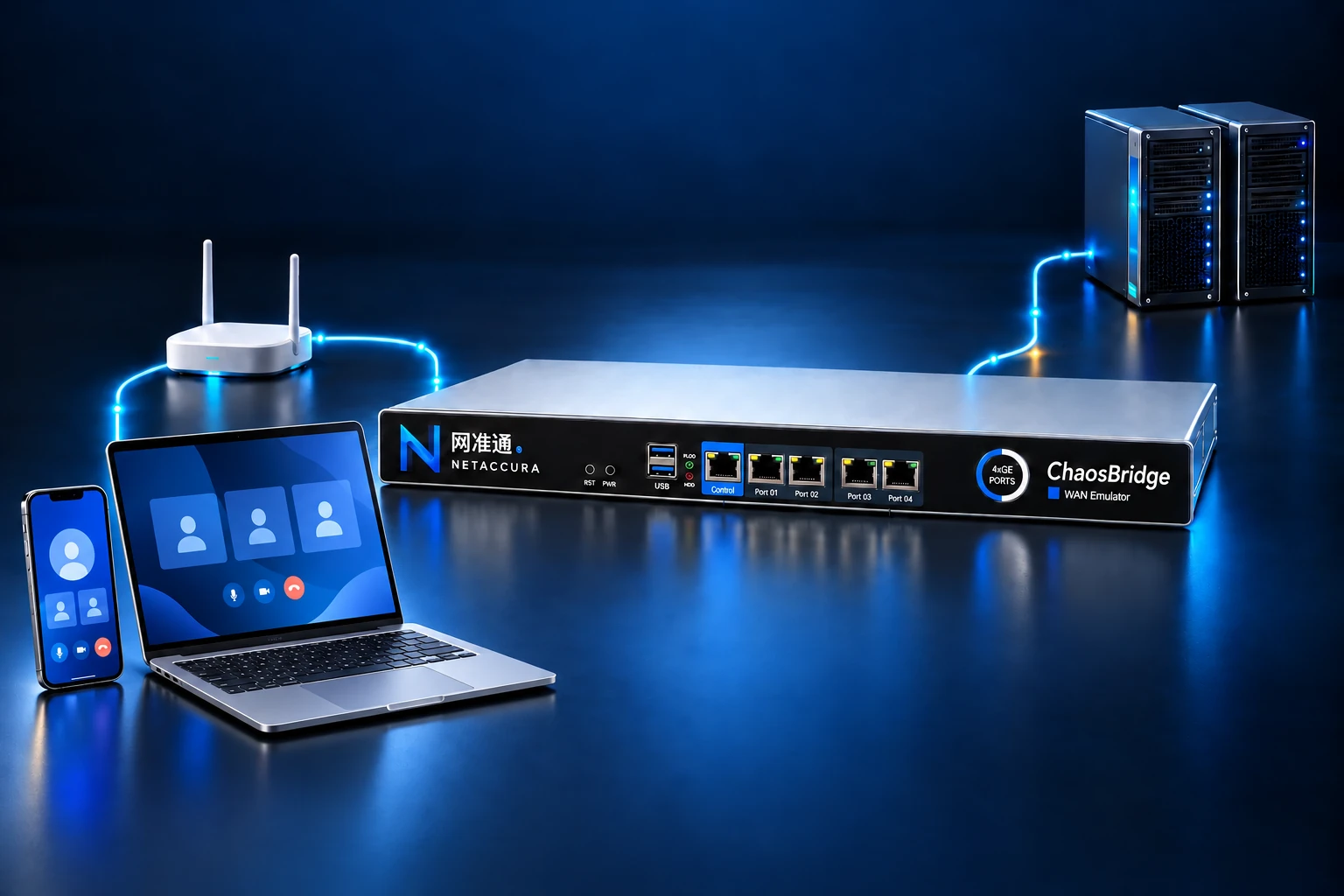 NetAccura WE-101 N4G WAN emulator connecting a phone, computer and application servers for impaired-network testing